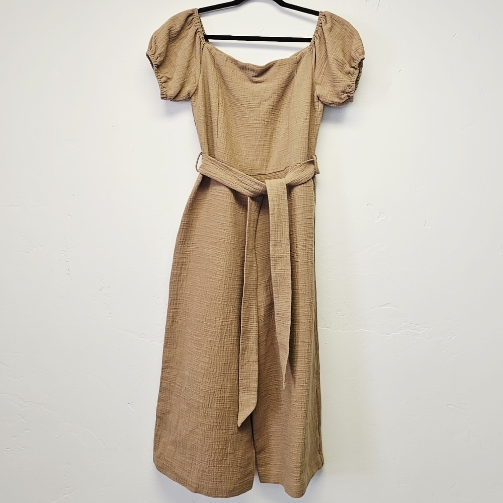 Line Dot Off The Shoulder Cotton Brown Rimama Wide Leg Jumpsuit Women's Size M